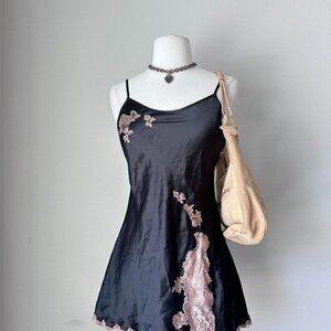 Victoria's Secret y2k 2006 NWT black silky slip dress with pink lace details